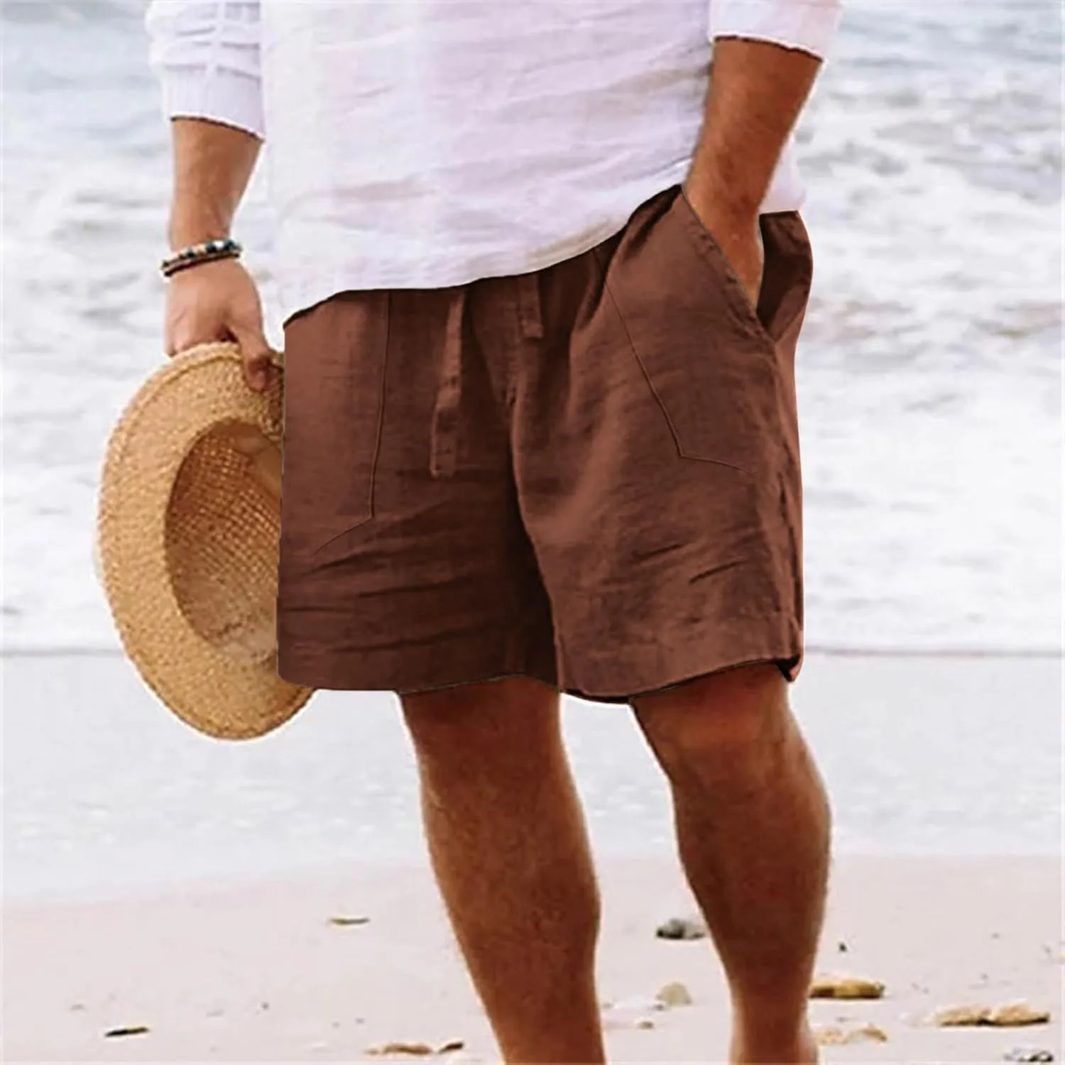 Mens Shorts Casual Cotton Linen Shorts Elastic Waist Drawstring Big and Tall Shorts Loose Fit Summer Beach Shorts Trendy