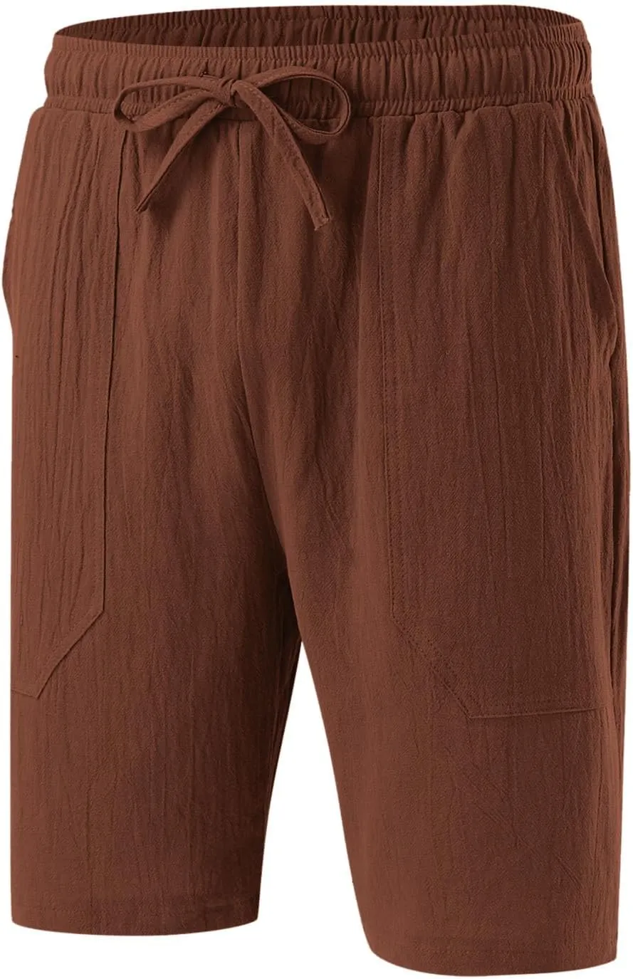 Mens Shorts Casual Cotton Linen Shorts Elastic Waist Drawstring Big and Tall Shorts Loose Fit Summer Beach Shorts Trendy