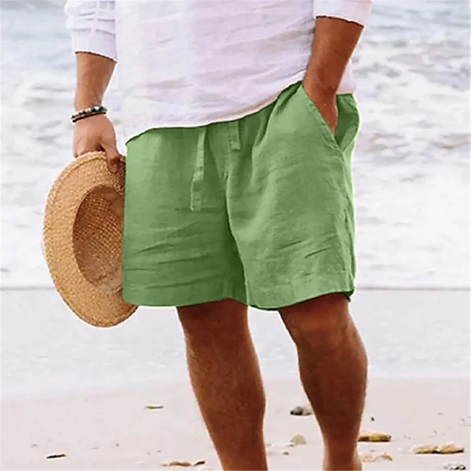 Mens Shorts Casual Cotton Linen Shorts Elastic Waist Drawstring Big and Tall Shorts Loose Fit Summer Beach Shorts Trendy