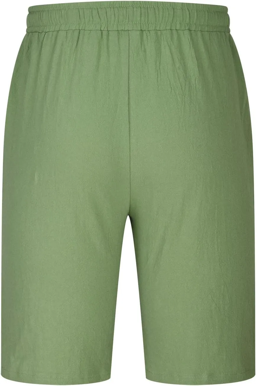 Mens Shorts Casual Cotton Linen Shorts Elastic Waist Drawstring Big and Tall Shorts Loose Fit Summer Beach Shorts Trendy