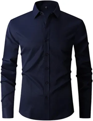 Men's Solid Dress Shirt Long Sleeve Wrinkle Free Button Down Stretch Business Meetings Top Slim Fit Work Casual Shirt