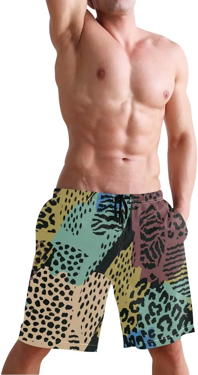 Mens Swim Trunks Leopard Beach Board Shorts Quick Dry Swim Shorts with Pockets