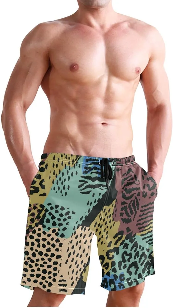 Mens Swim Trunks Leopard Beach Board Shorts Quick Dry Swim Shorts with Pockets