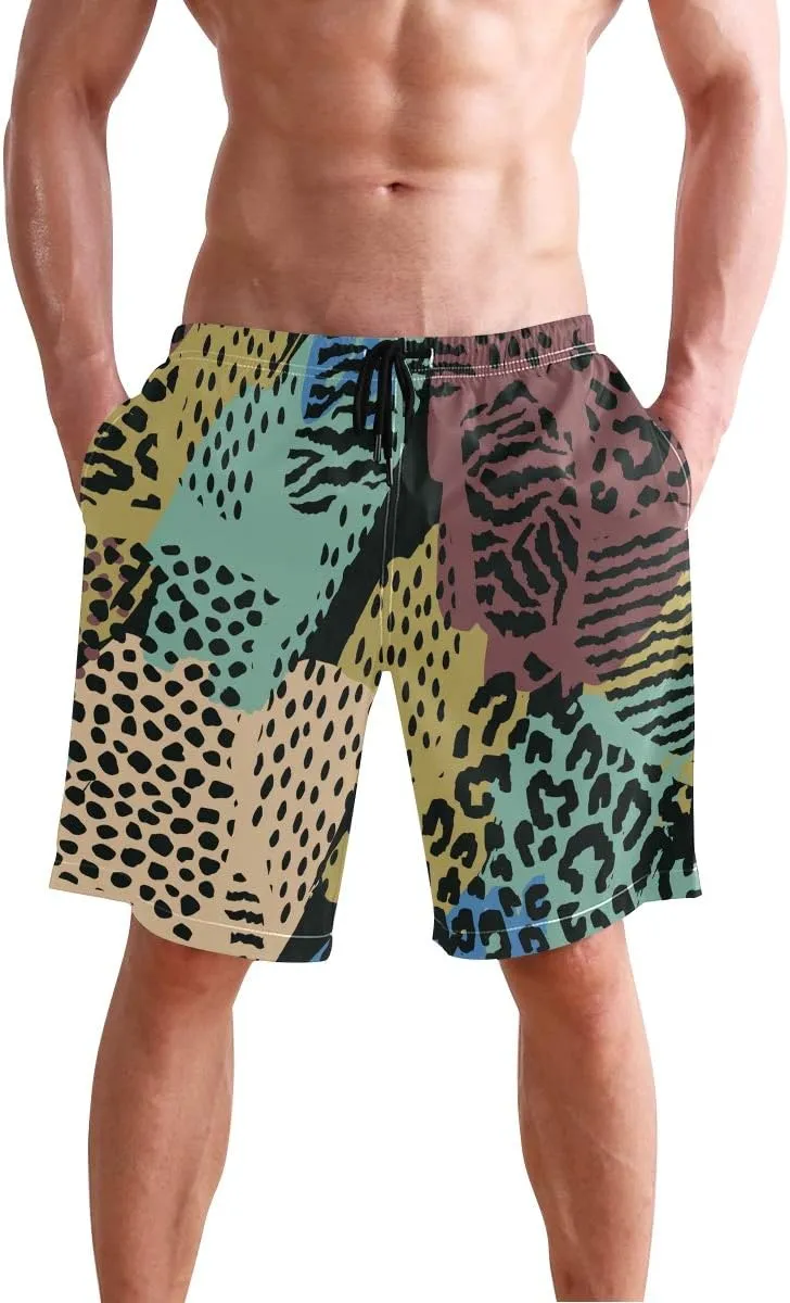 Mens Swim Trunks Leopard Beach Board Shorts Quick Dry Swim Shorts with Pockets