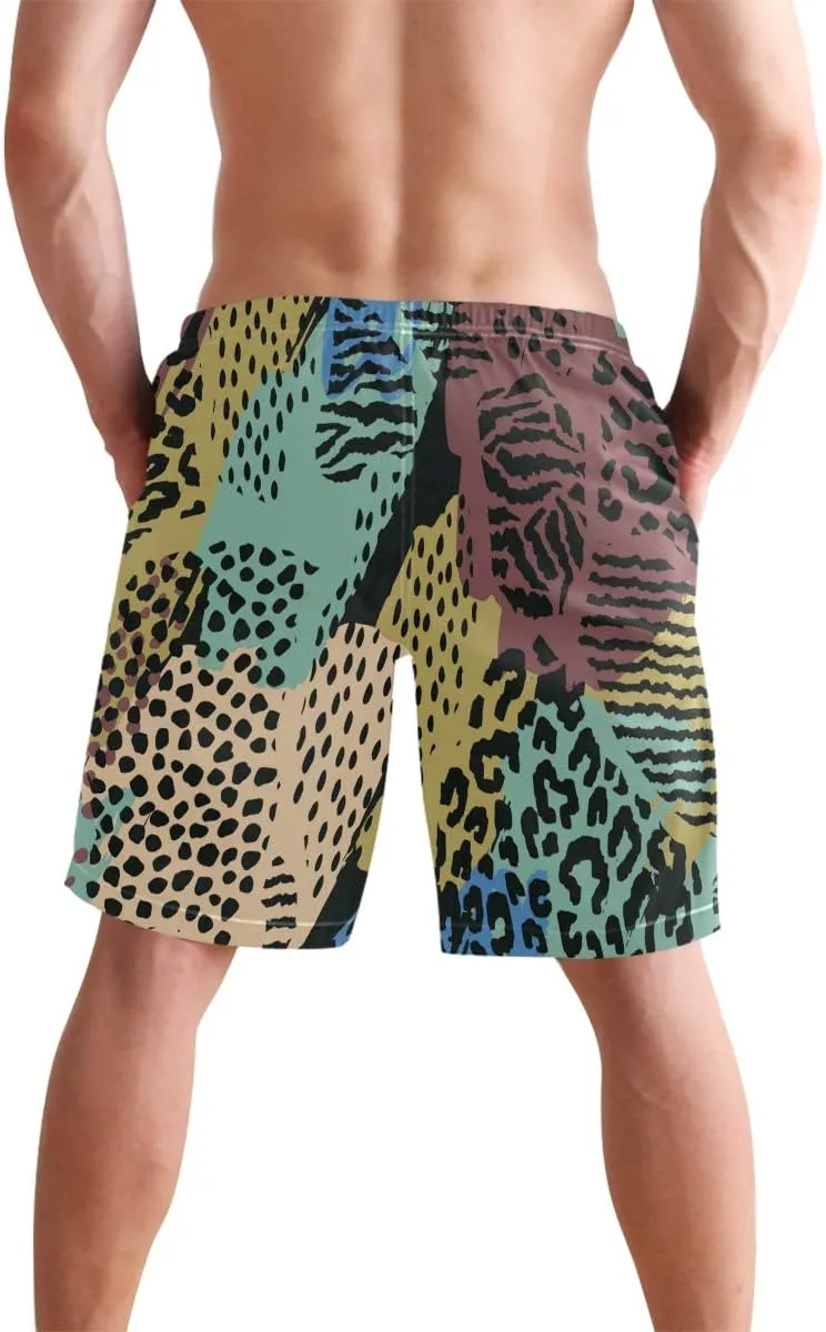 Mens Swim Trunks Leopard Beach Board Shorts Quick Dry Swim Shorts with Pockets