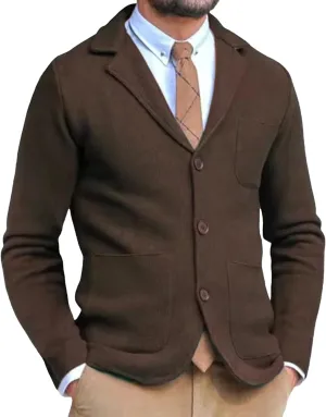 Mens Tailored Collar Cardigan Sweaters Elastic Long Sleeve Pockets Knitwear Button Down Knit Blazer Jacket