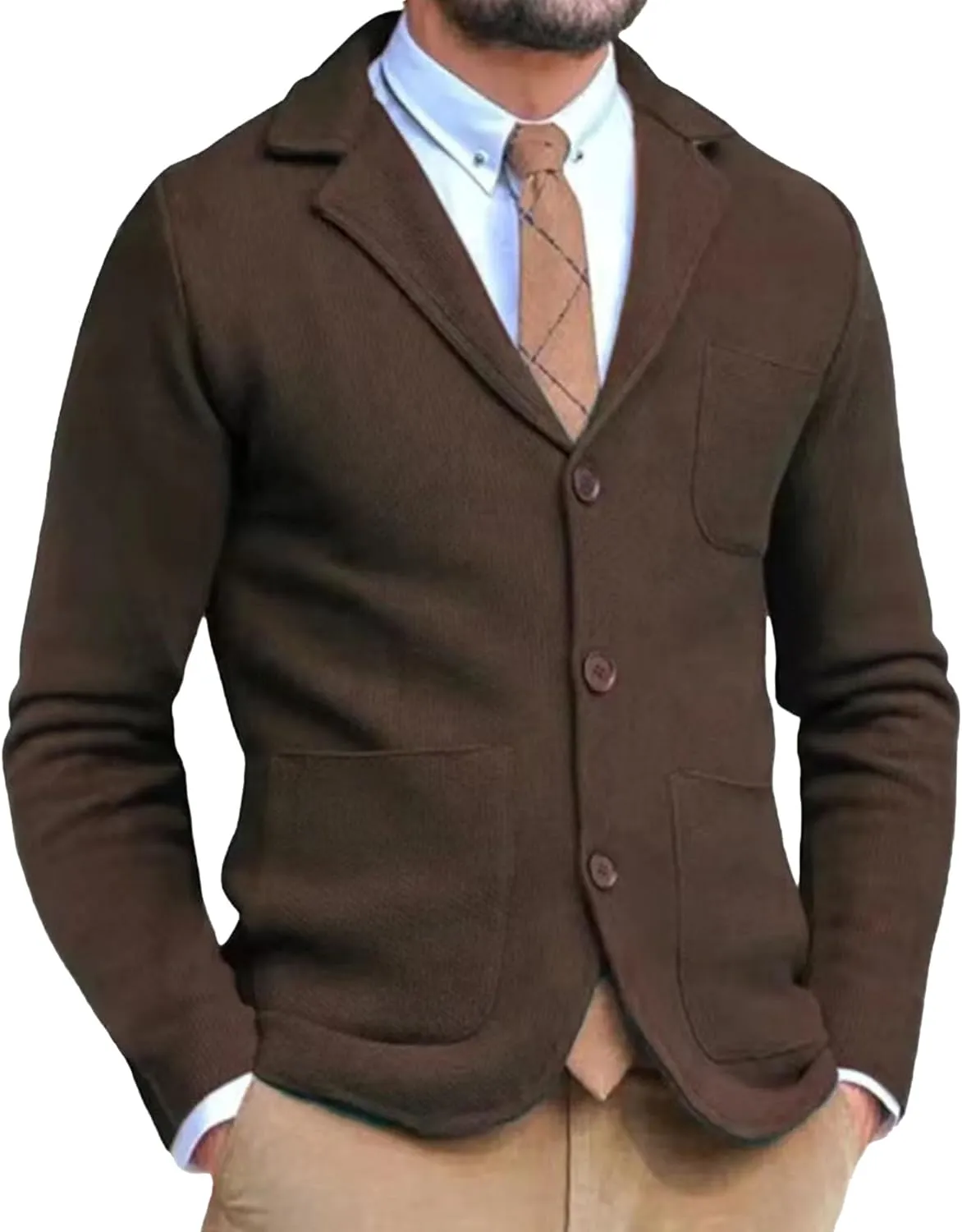 Mens Tailored Collar Cardigan Sweaters Elastic Long Sleeve Pockets Knitwear Button Down Knit Blazer Jacket