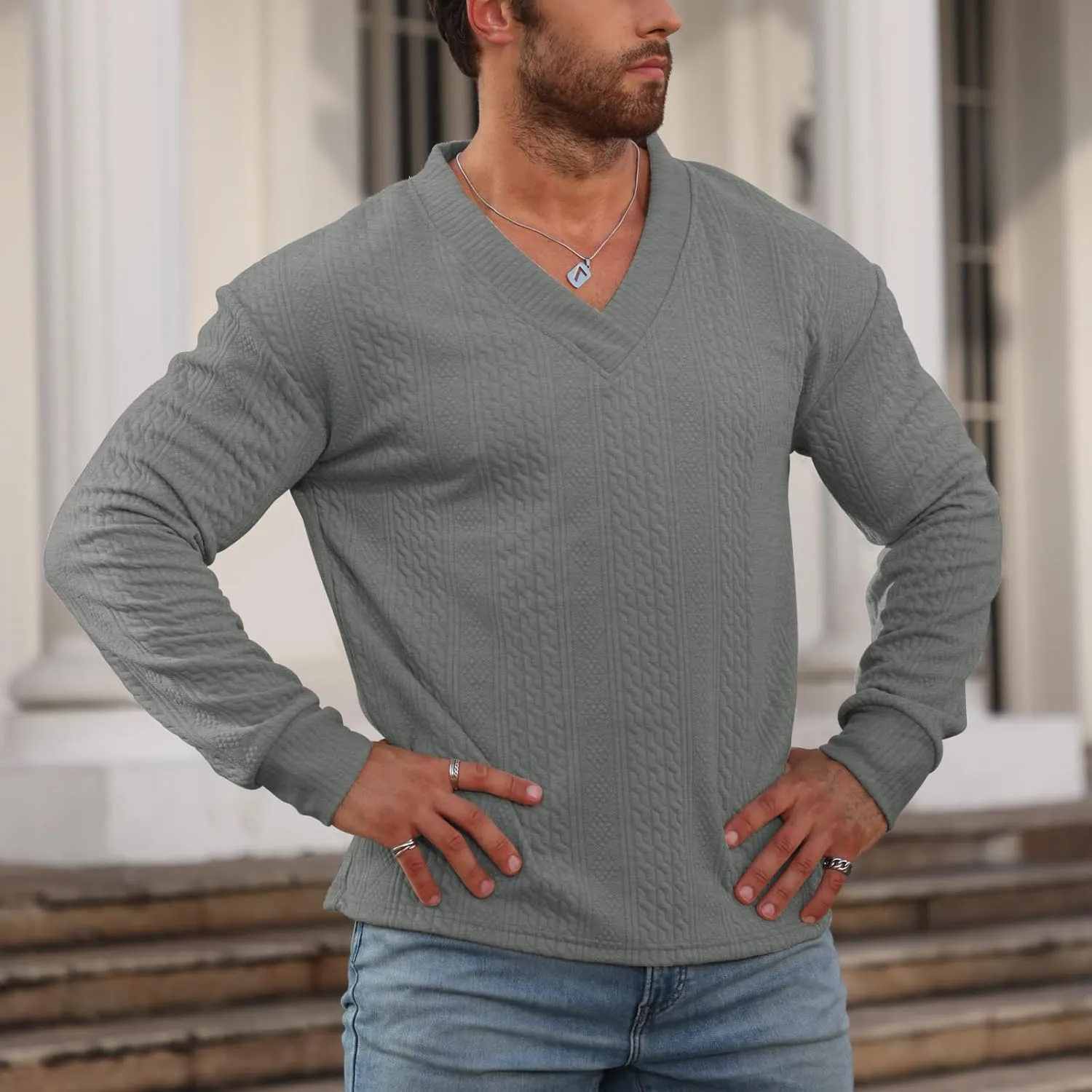 Men's V-Neck Sweatshirt Pullover Long Sleeve Knitted Casual Sweaters