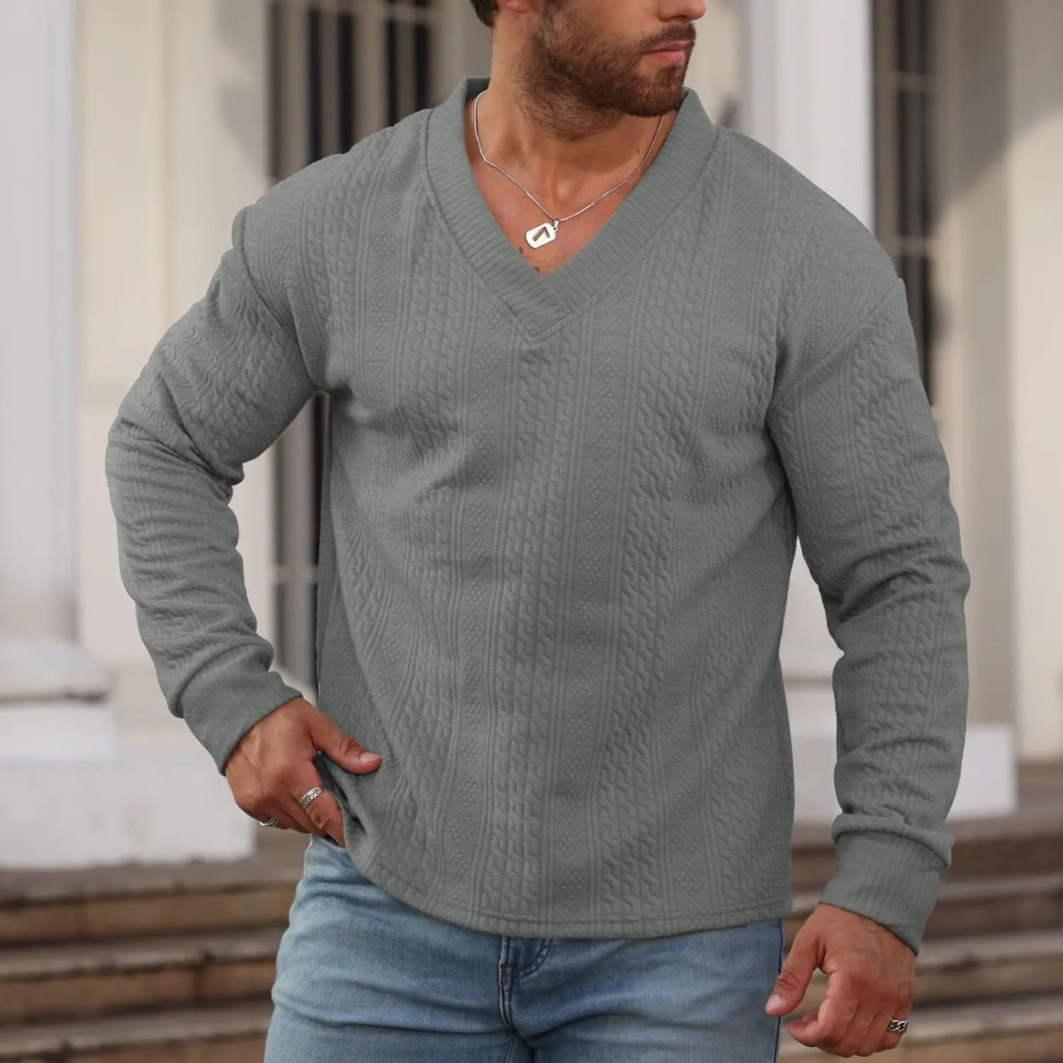 Men's V-Neck Sweatshirt Pullover Long Sleeve Knitted Casual Sweaters