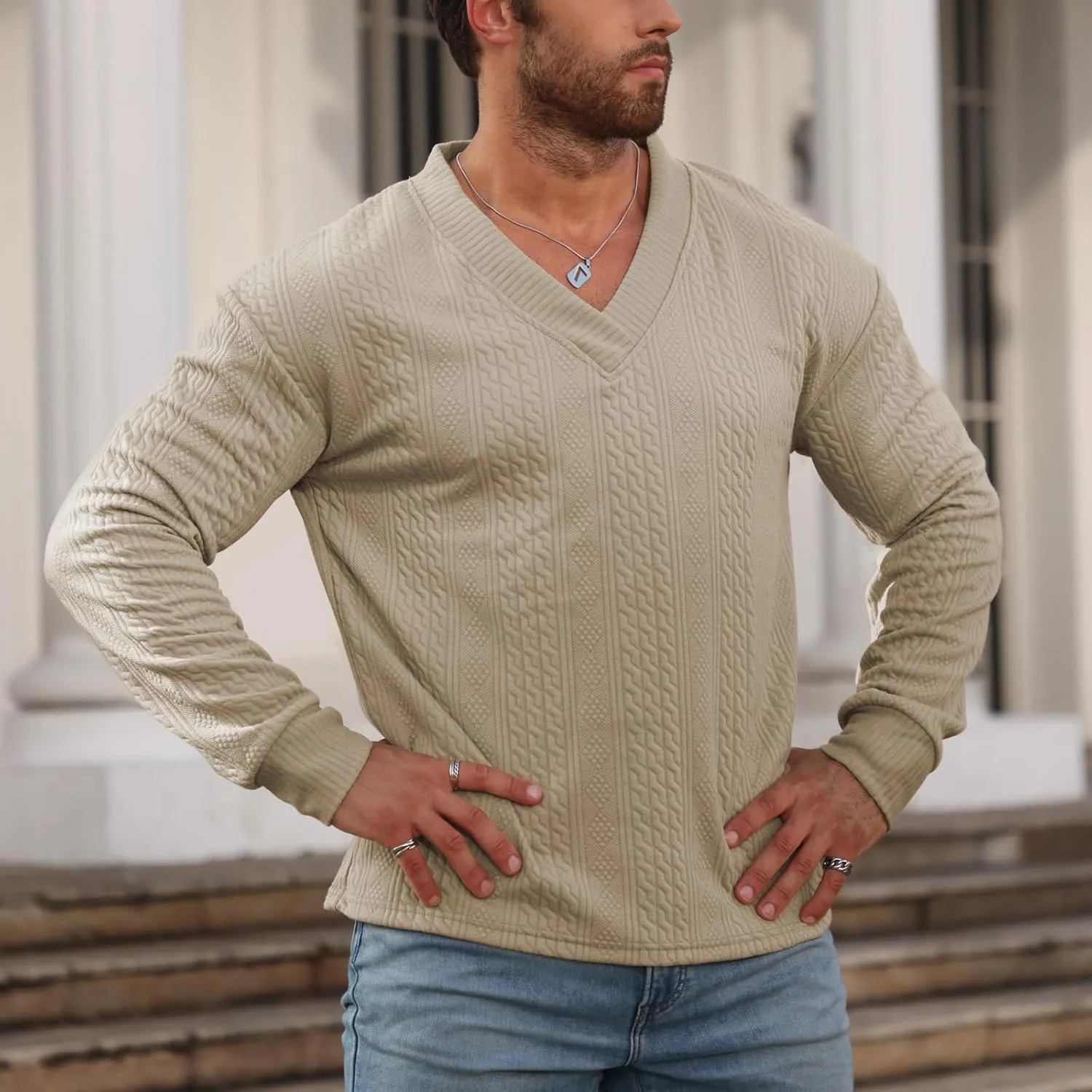 Men's V-Neck Sweatshirt Pullover Long Sleeve Knitted Casual Sweaters