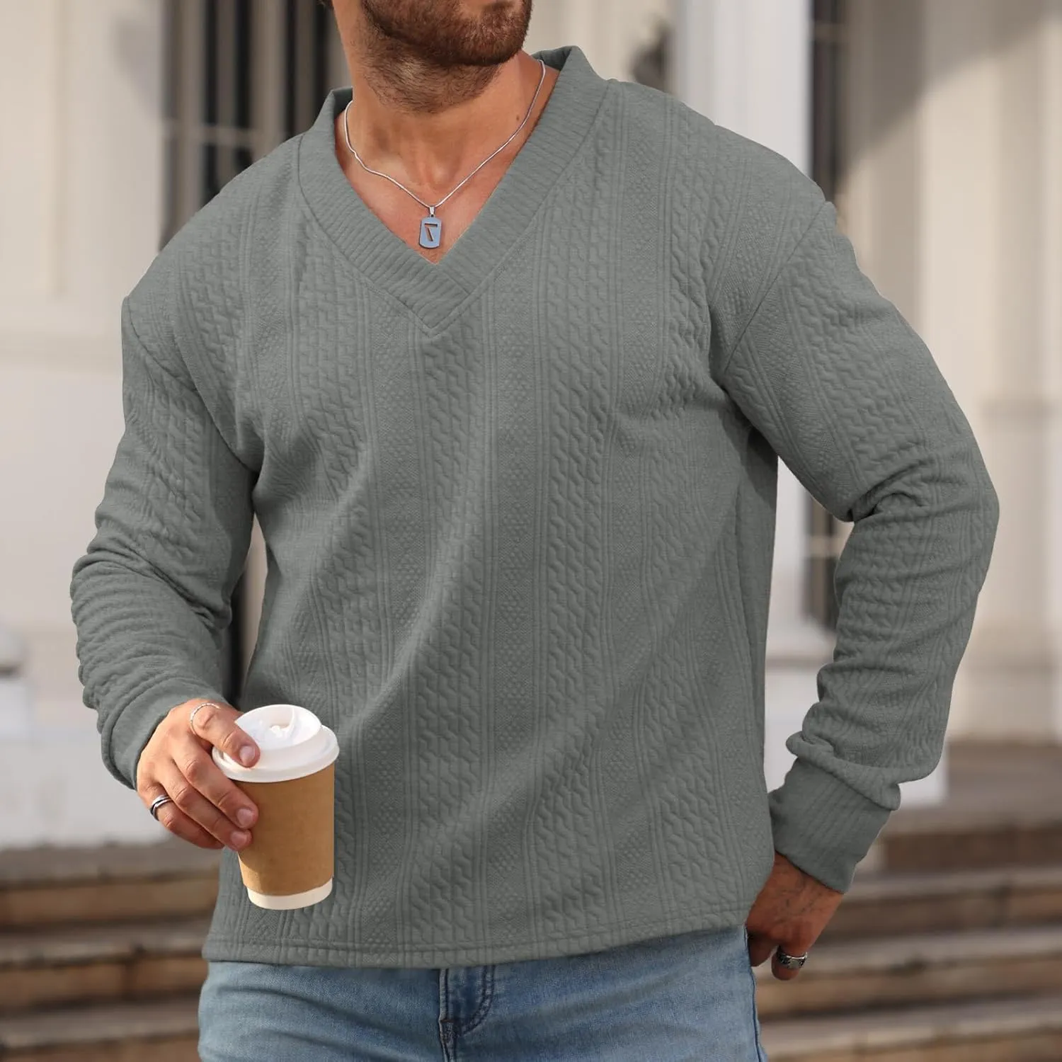 Men's V-Neck Sweatshirt Pullover Long Sleeve Knitted Casual Sweaters