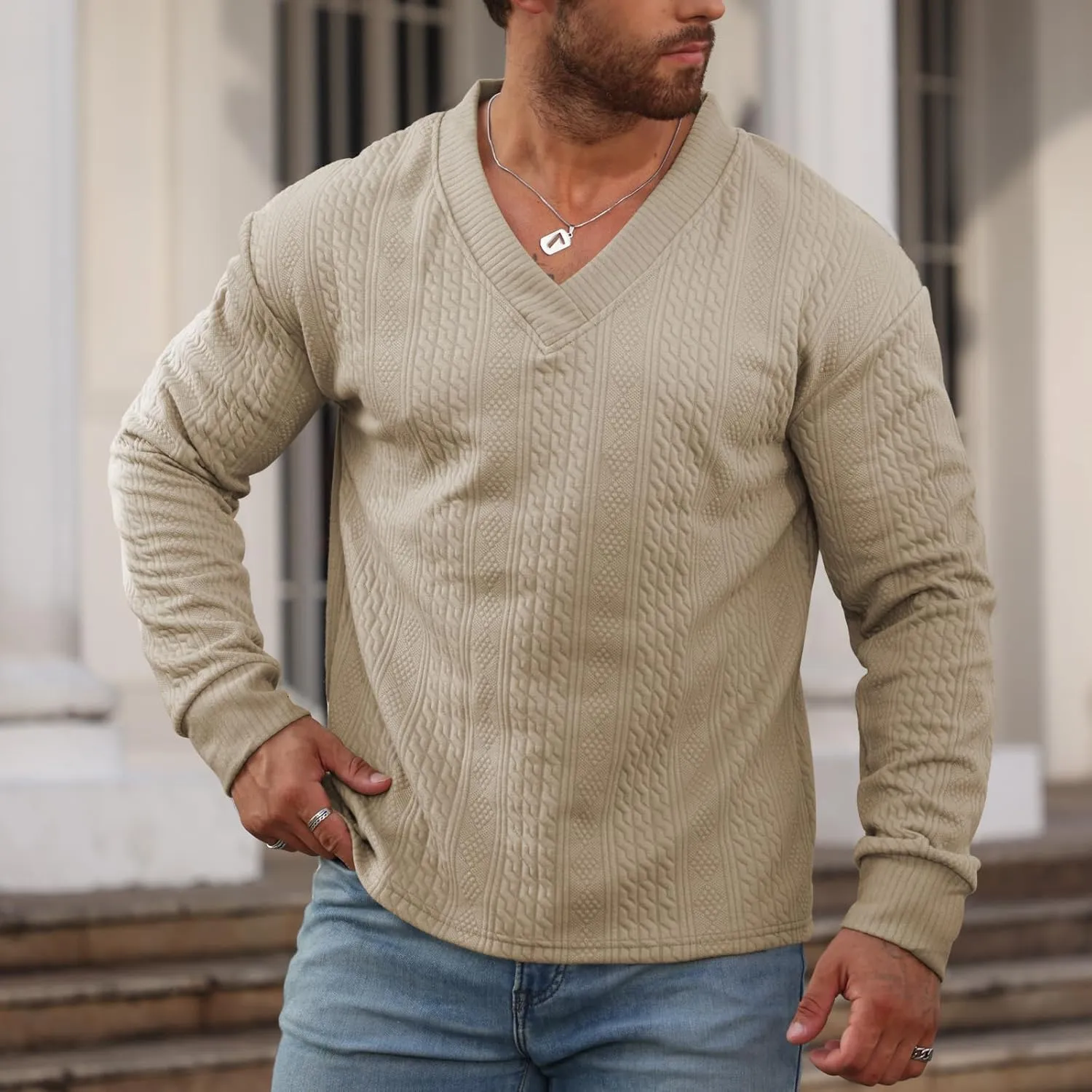 Men's V-Neck Sweatshirt Pullover Long Sleeve Knitted Casual Sweaters
