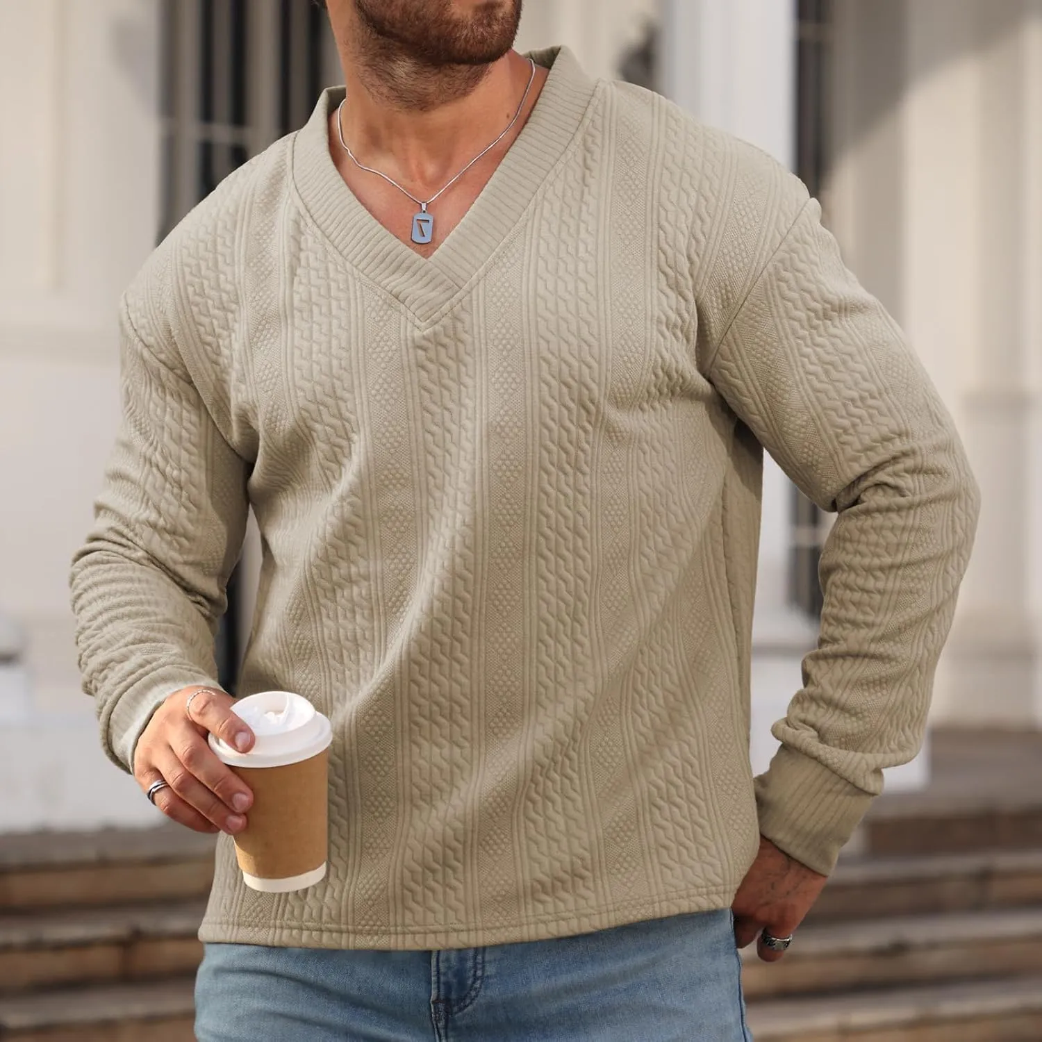Men's V-Neck Sweatshirt Pullover Long Sleeve Knitted Casual Sweaters