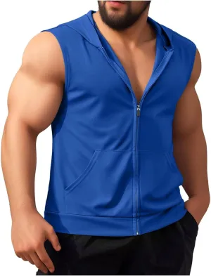 Men's Zip Down Hooded Vest Solid Color Sleeveless Casual Sports Tank Top Kangaroo Pocket Gym Workout Running Quick Dry Shirt