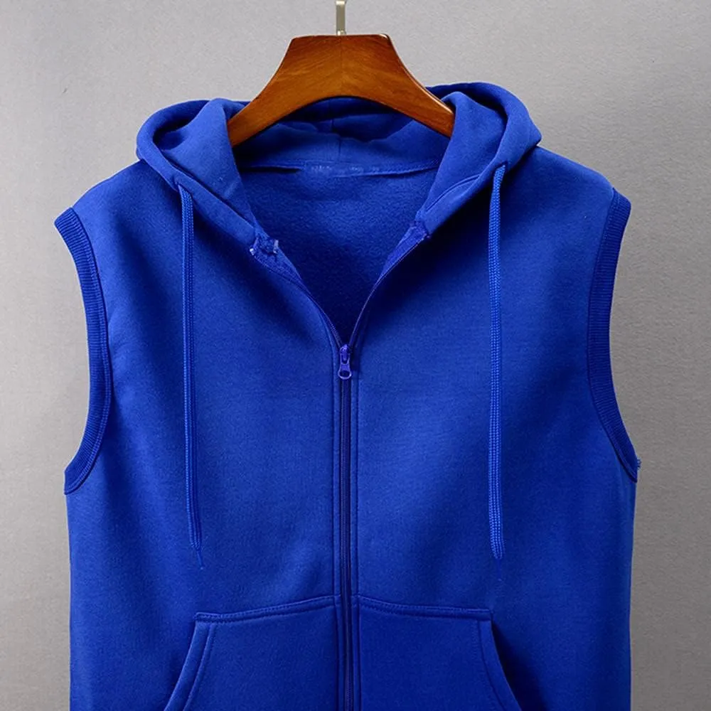 Men's Zip Up Sleeveless Hoodie Workout Cotton Fleece Cut Off Sweatshirt Pockets Drawstring Solid Sports T-Shirts