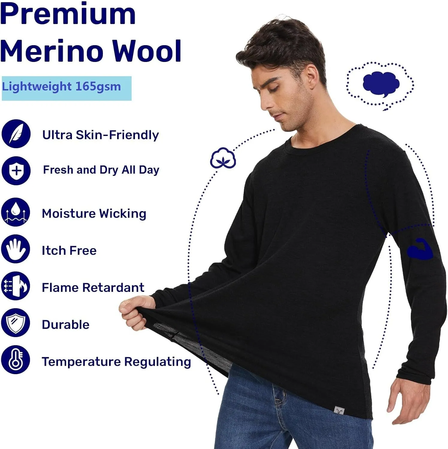 MERINNOVATION Merino Wool Base Layer Mens 100% Merino LS Thermal Shirts for Hiking,Lite, Midweight  Wool Accessory Included