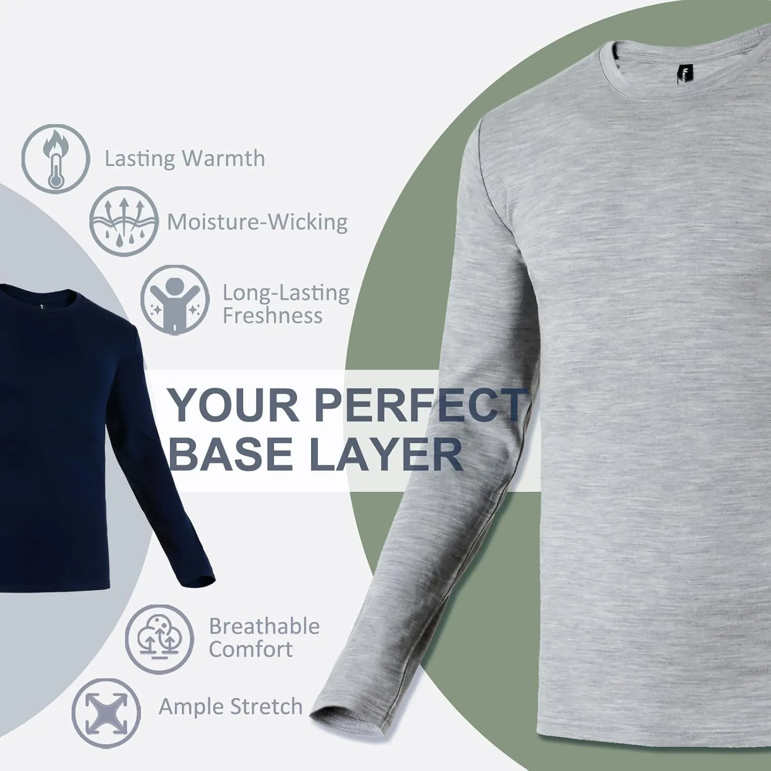 Merino Protect 100% Merino Wool Base Layer Mens Soft Long Sleeve Shirts Odor Resistance Thermal Underwear for Hunting Hiking