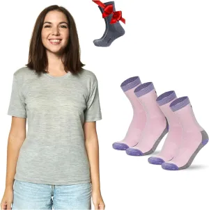 Merino.tech Merino Wool Shirt Women - 100% Merino Wool Base Layer Women Short Sleeve Tee   Hiking Quarter Socks (Small, Heather Grey Crewneck)