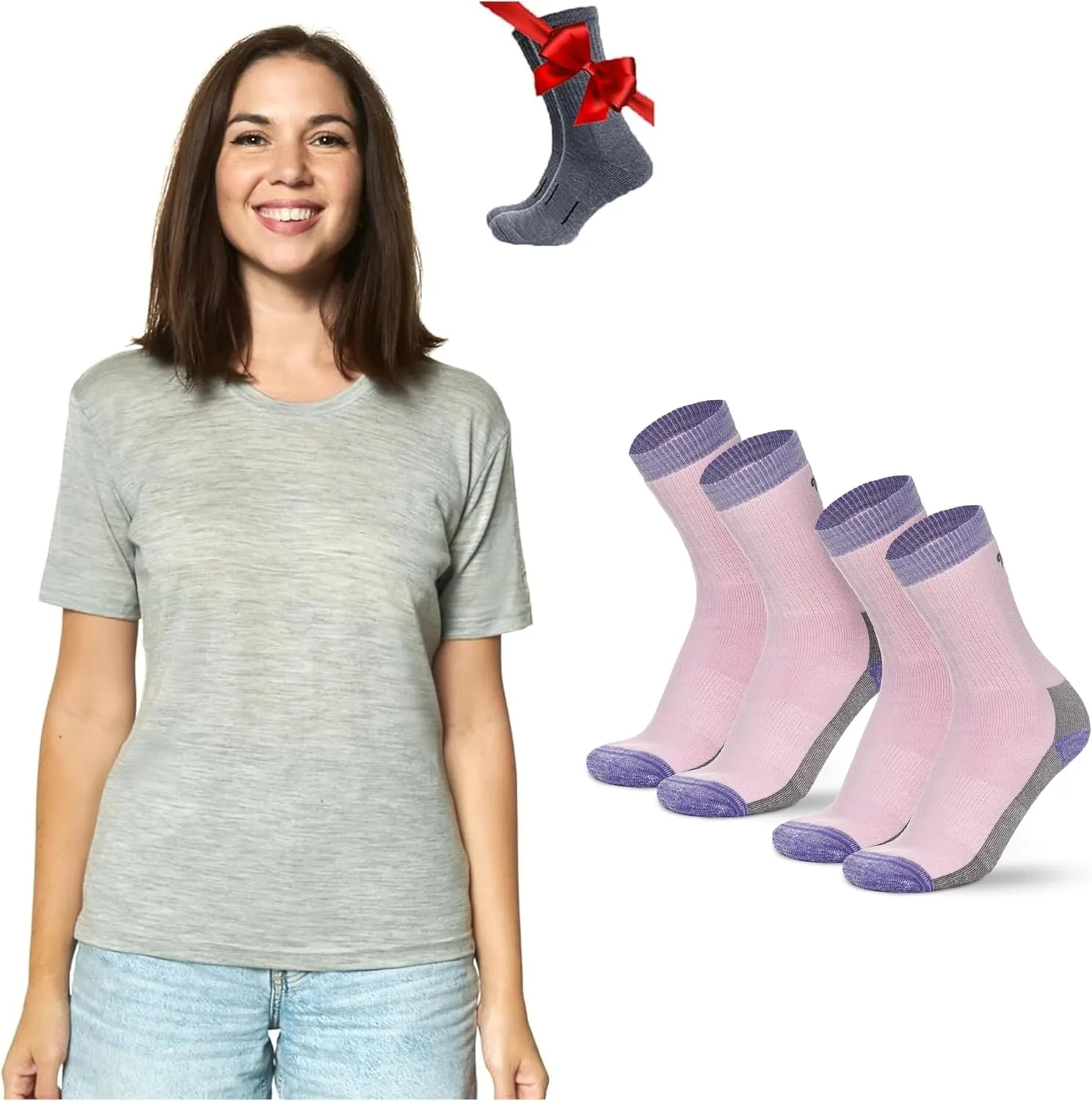 Merino.tech Merino Wool Shirt Women - 100% Merino Wool Base Layer Women Short Sleeve Tee   Hiking Quarter Socks (X-Small, Heather Grey Crewneck)