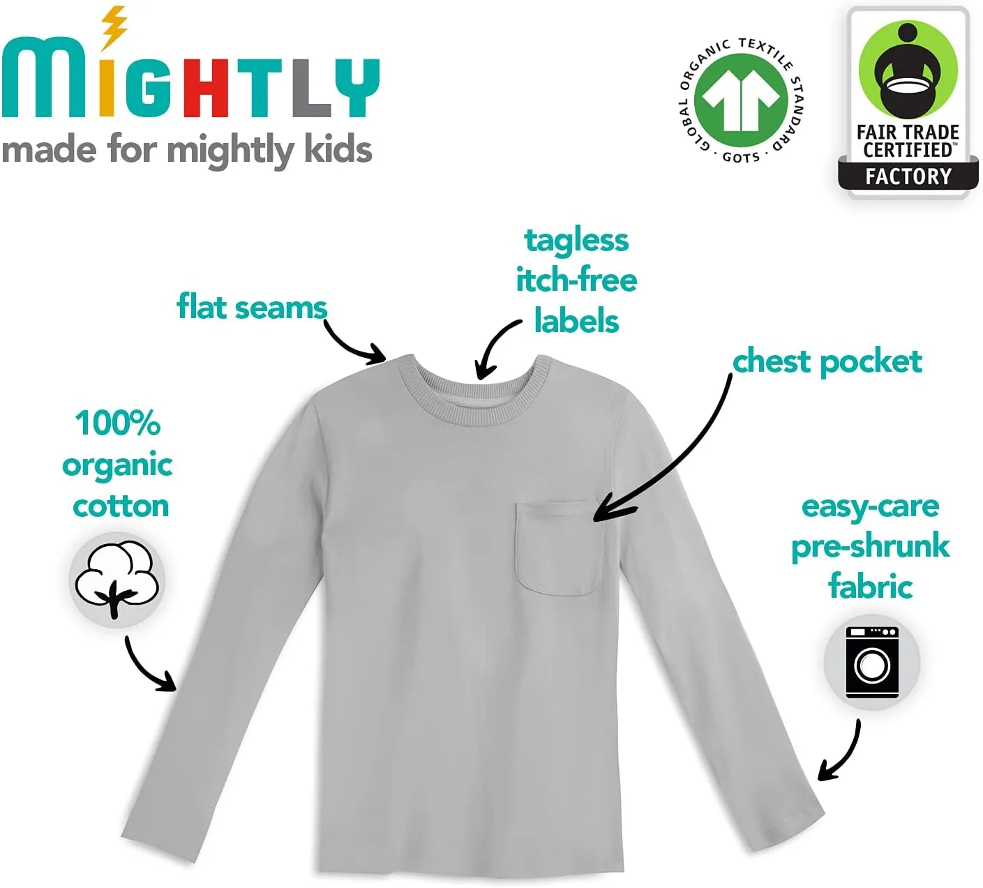 Mightly Boys and Girls' Long Sleeve Pocket Shirt | Organic Cotton, Colorful Casual Stylish Clothes, Crew Neck Tee