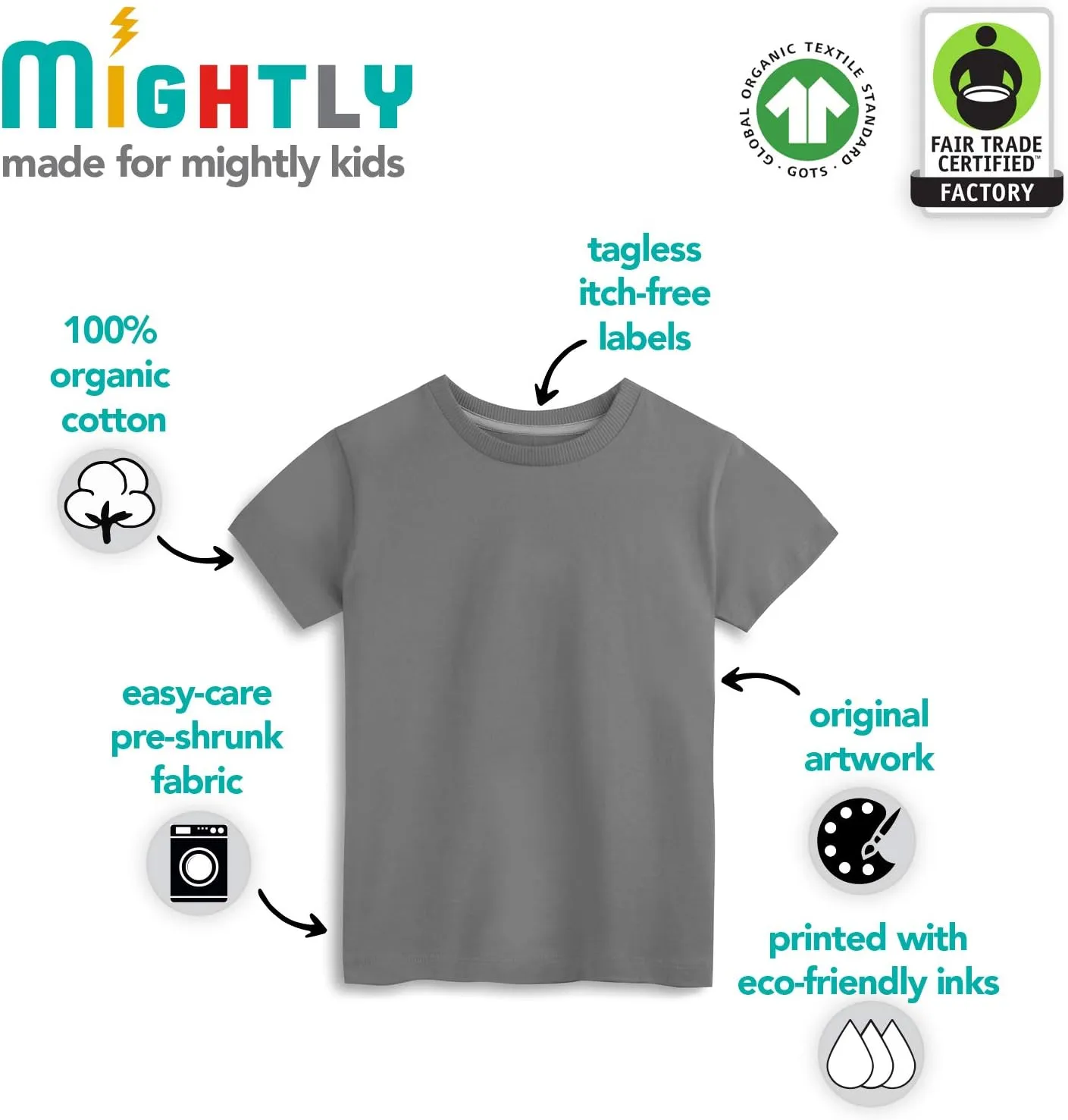 Mightly Boys and Girls' Short Sleeve T Shirt | 100% Organic Cotton, Toddler & Kids, Fair Trade Certified