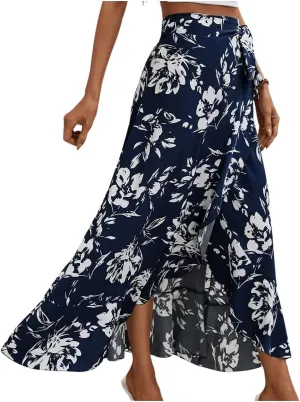 Milumia Women's Boho Floral Print Knot Side Split Wrap Flowy High Waisted Long Maxi Skirt