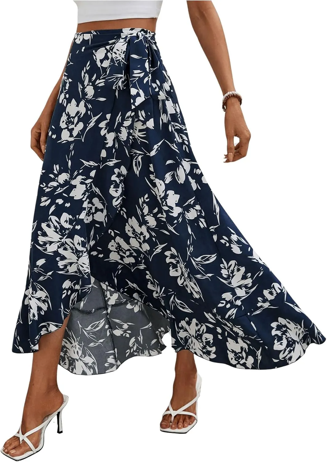 Milumia Women's Boho Floral Print Knot Side Split Wrap Flowy High Waisted Long Maxi Skirt