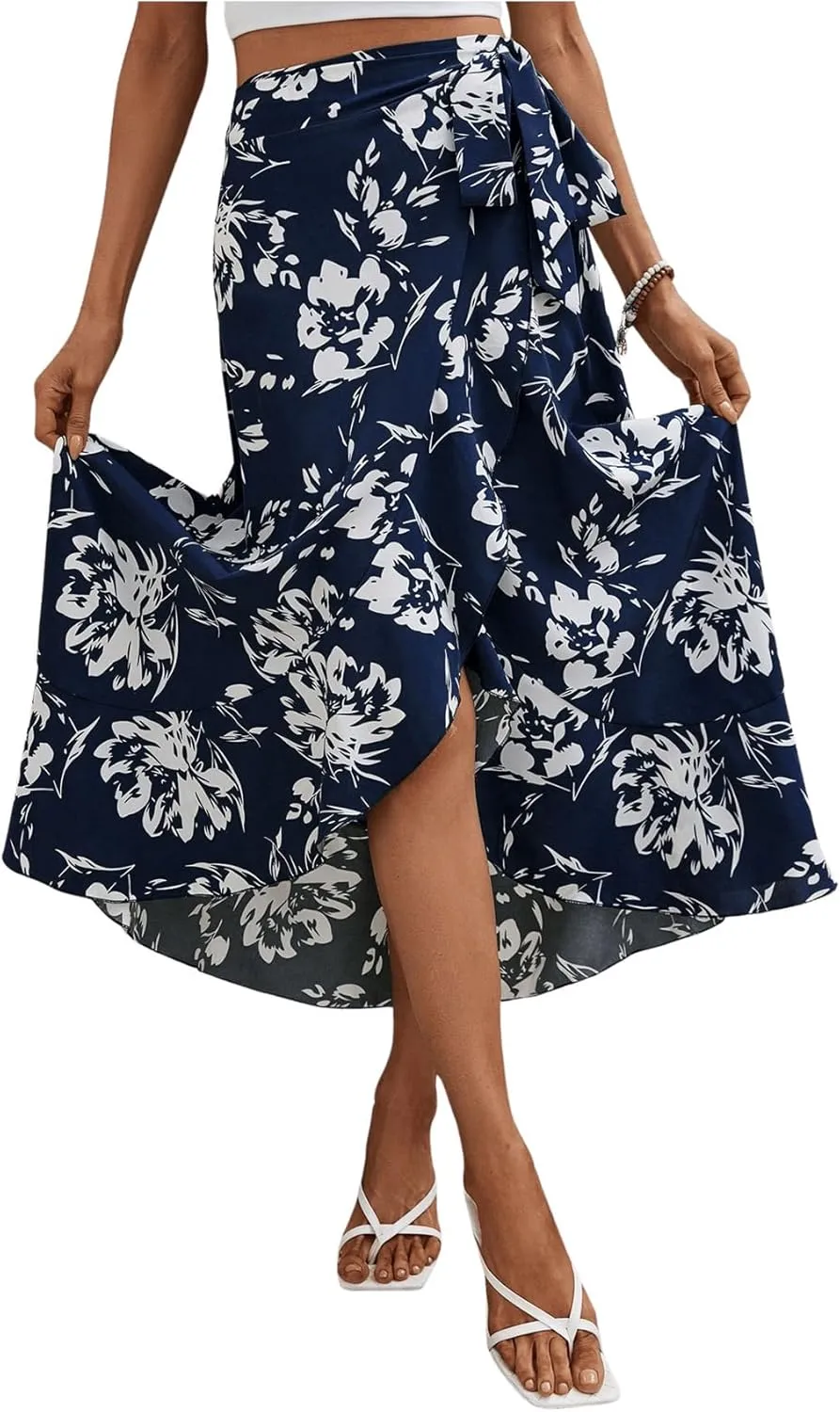Milumia Women's Boho Floral Print Knot Side Split Wrap Flowy High Waisted Long Maxi Skirt