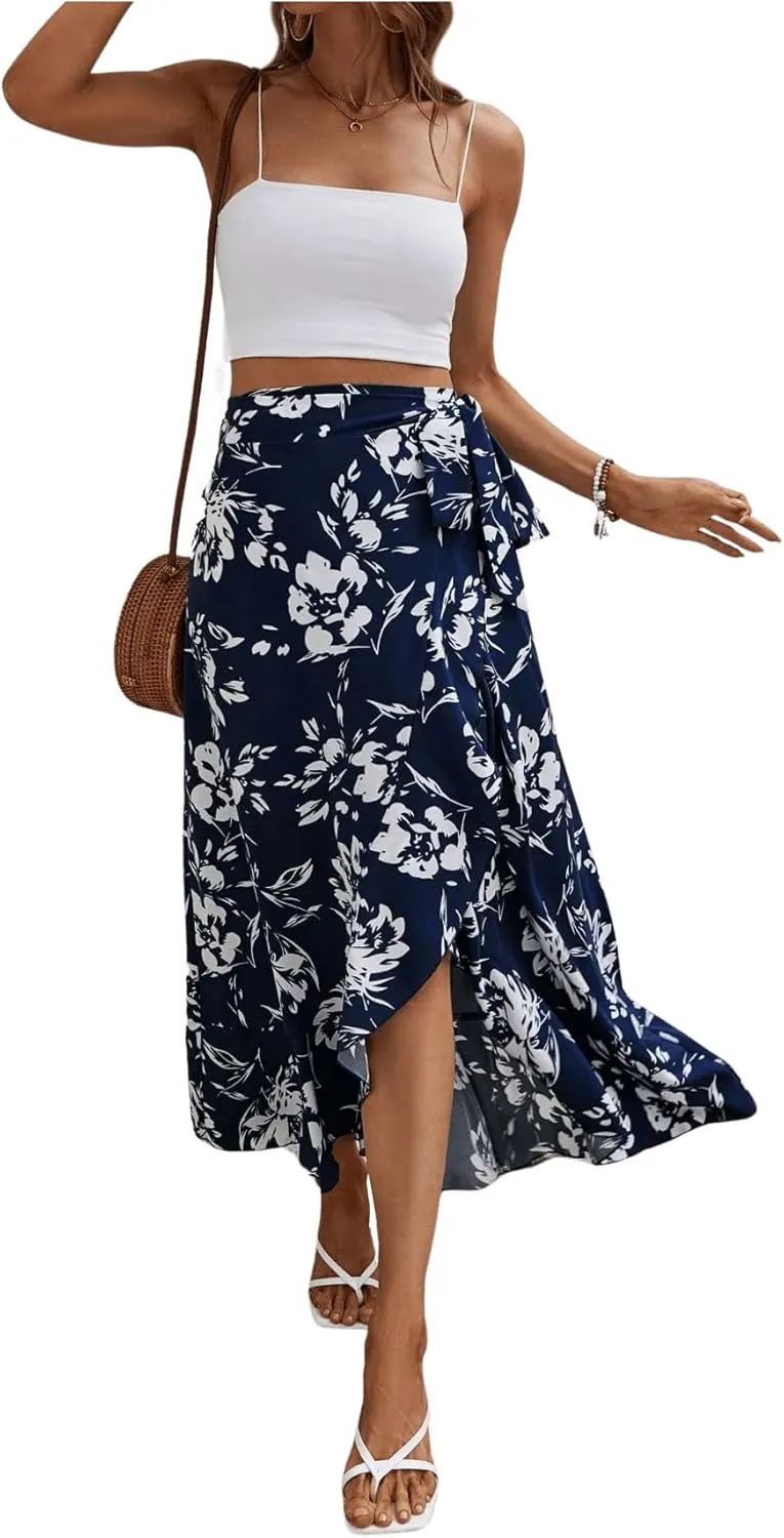 Milumia Women's Boho Floral Print Knot Side Split Wrap Flowy High Waisted Long Maxi Skirt