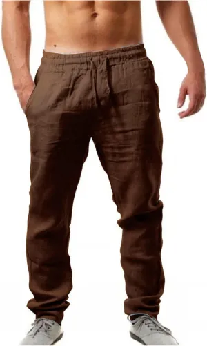 Muyise Men's Casual Summer Long Pants Cotton Linen Elastic Waist Straight Leg Palazzo Baggy Lounge Trousers with Pockets