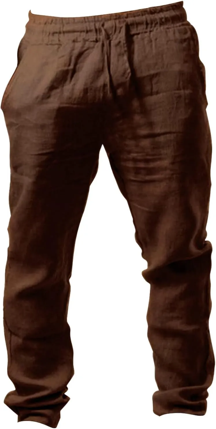 Muyise Men's Casual Summer Long Pants Cotton Linen Elastic Waist Straight Leg Palazzo Baggy Lounge Trousers with Pockets