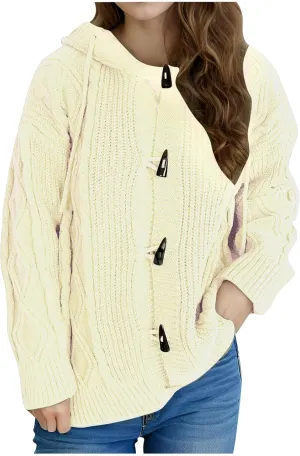 NATHGAM Women's Hooded Cardigans Sweaters Long Sleeve Chunky Cable Knit Oversized Button Down Slouchy Open Front Outerwears