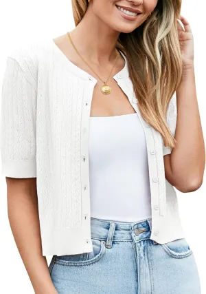 Newshows Womens Cropped Cardigan Sweaters 2025 Summer Lightweight Short Sleeve Bolero Shrug Hollow Out Button Down Tops