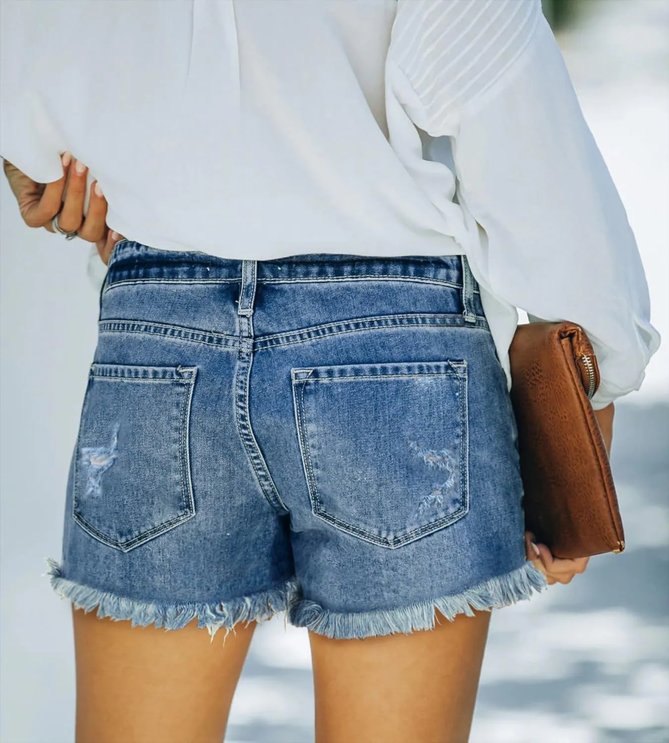 onlypuff Women Denim Shorts Cut Off Mid Rise Frayed Jean Shorts
