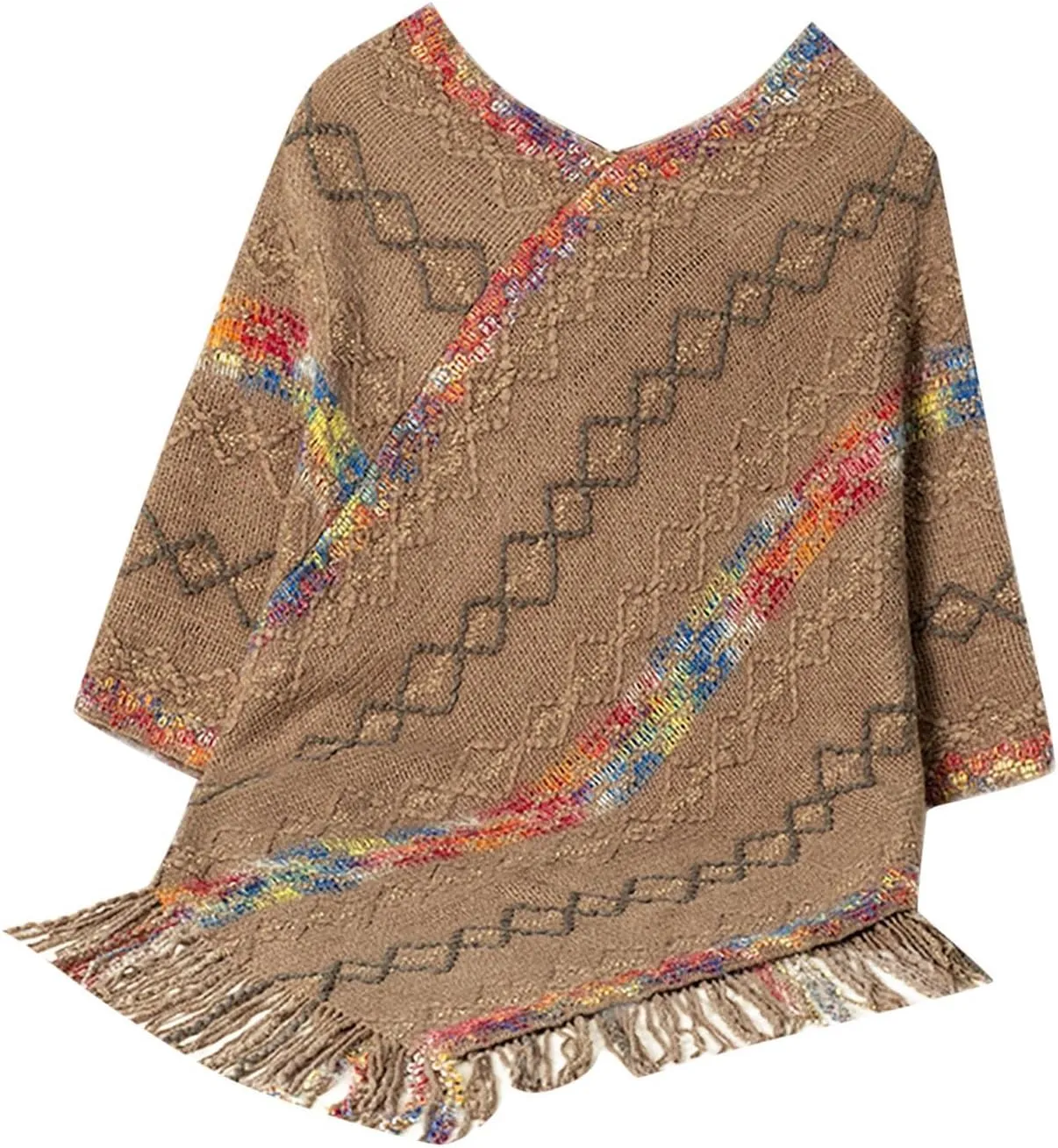 Oplxuo Knit Shawl Wrap Poncho Cape for Women, Ladies Color Block Knitted Cardigan Kimono with Fringe for Fall Winter