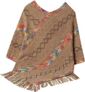 Oplxuo Knit Shawl Wrap Poncho Cape for Women, Ladies Color Block Knitted Cardigan Kimono with Fringe for Fall Winter