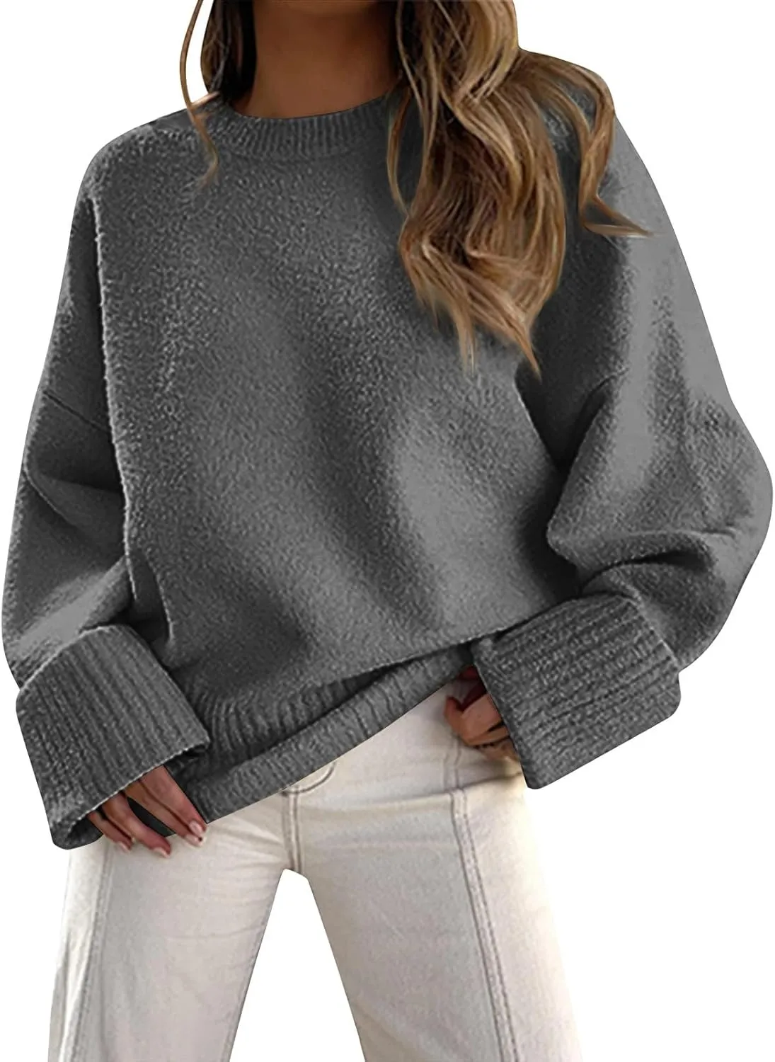 Oversized Sweaters for Women Crewneck Chunky Knit Sweater Fall Trendy Long Sleeve Fuzzy Fleece Pullover Sweaters