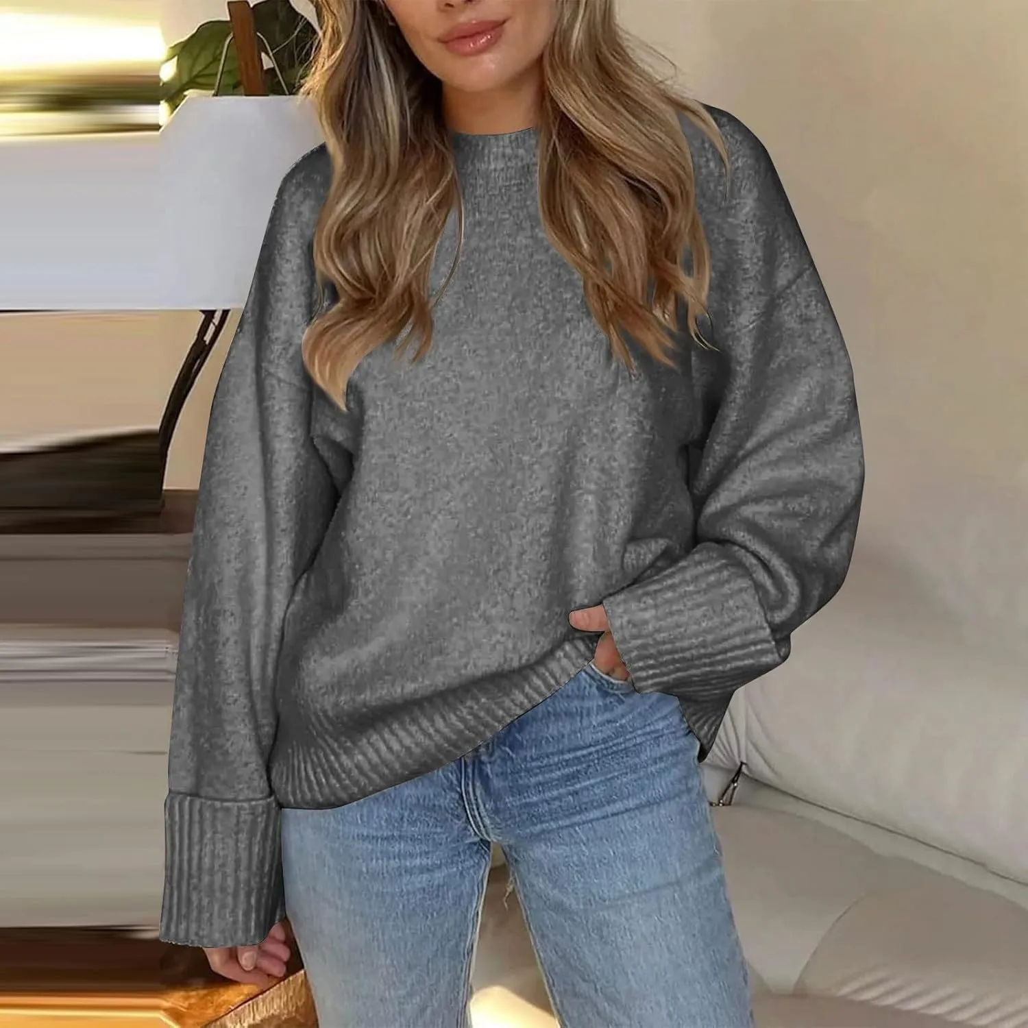 Oversized Sweaters for Women Crewneck Chunky Knit Sweater Fall Trendy Long Sleeve Fuzzy Fleece Pullover Sweaters