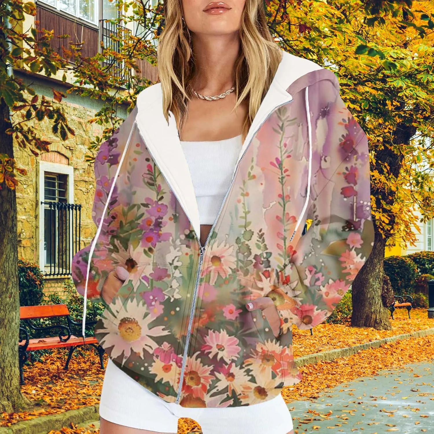 Oversized Zip Up Hoodie for Women 2024 Fall Trendy Graphic Sweatshirt Drawstring Jacket Coat with Pockets S-5XL