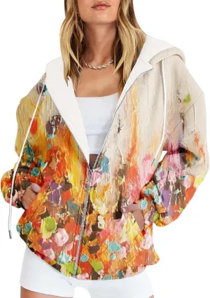 Oversized Zip Up Hoodie for Women 2024 Fall Trendy Graphic Sweatshirt Drawstring Jacket Coat with Pockets S-5XL