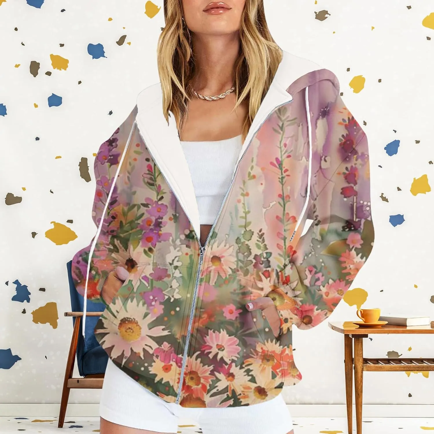 Oversized Zip Up Hoodie for Women 2024 Fall Trendy Graphic Sweatshirt Drawstring Jacket Coat with Pockets S-5XL