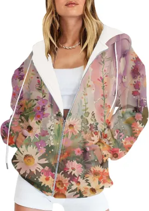 Oversized Zip Up Hoodie for Women 2024 Fall Trendy Graphic Sweatshirt Drawstring Jacket Coat with Pockets S-5XL