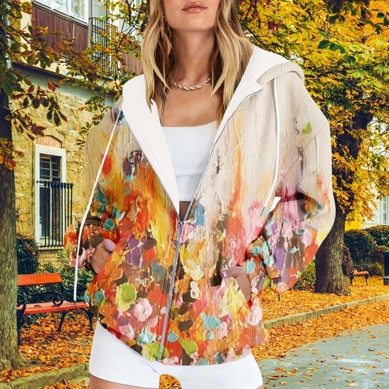 Oversized Zip Up Hoodie for Women 2024 Fall Trendy Graphic Sweatshirt Drawstring Jacket Coat with Pockets S-5XL