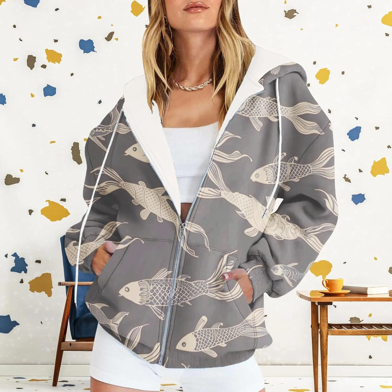 Oversized Zip Up Hoodie for Women 2024 Fall Trendy Graphic Sweatshirt Drawstring Jacket Coat with Pockets S-5XL