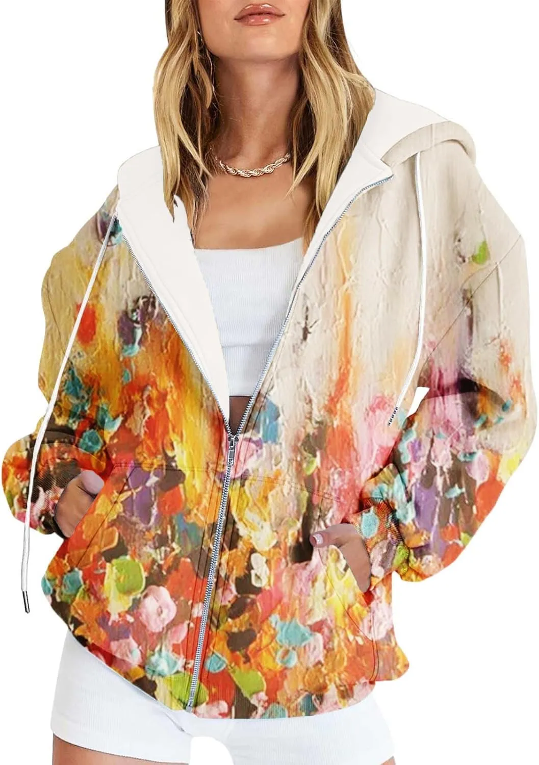 Oversized Zip Up Hoodie for Women 2024 Fall Trendy Graphic Sweatshirt Drawstring Jacket Coat with Pockets S-5XL