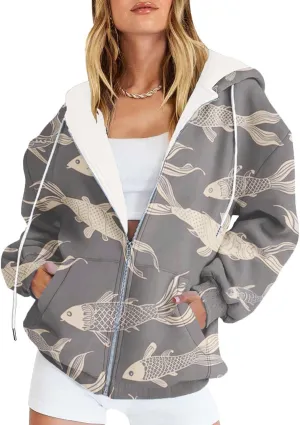 Oversized Zip Up Hoodie for Women 2024 Fall Trendy Graphic Sweatshirt Drawstring Jacket Coat with Pockets S-5XL