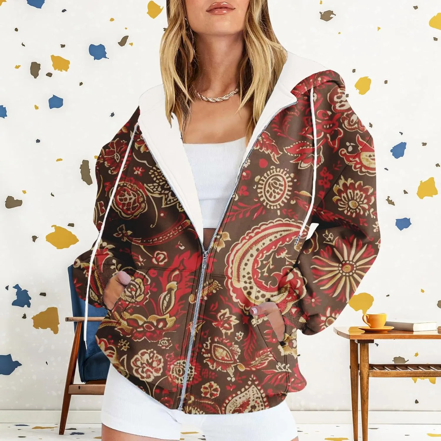 Oversized Zip Up Hoodie for Women 2024 Fall Trendy Graphic Sweatshirt Drawstring Jacket Coat with Pockets S-5XL