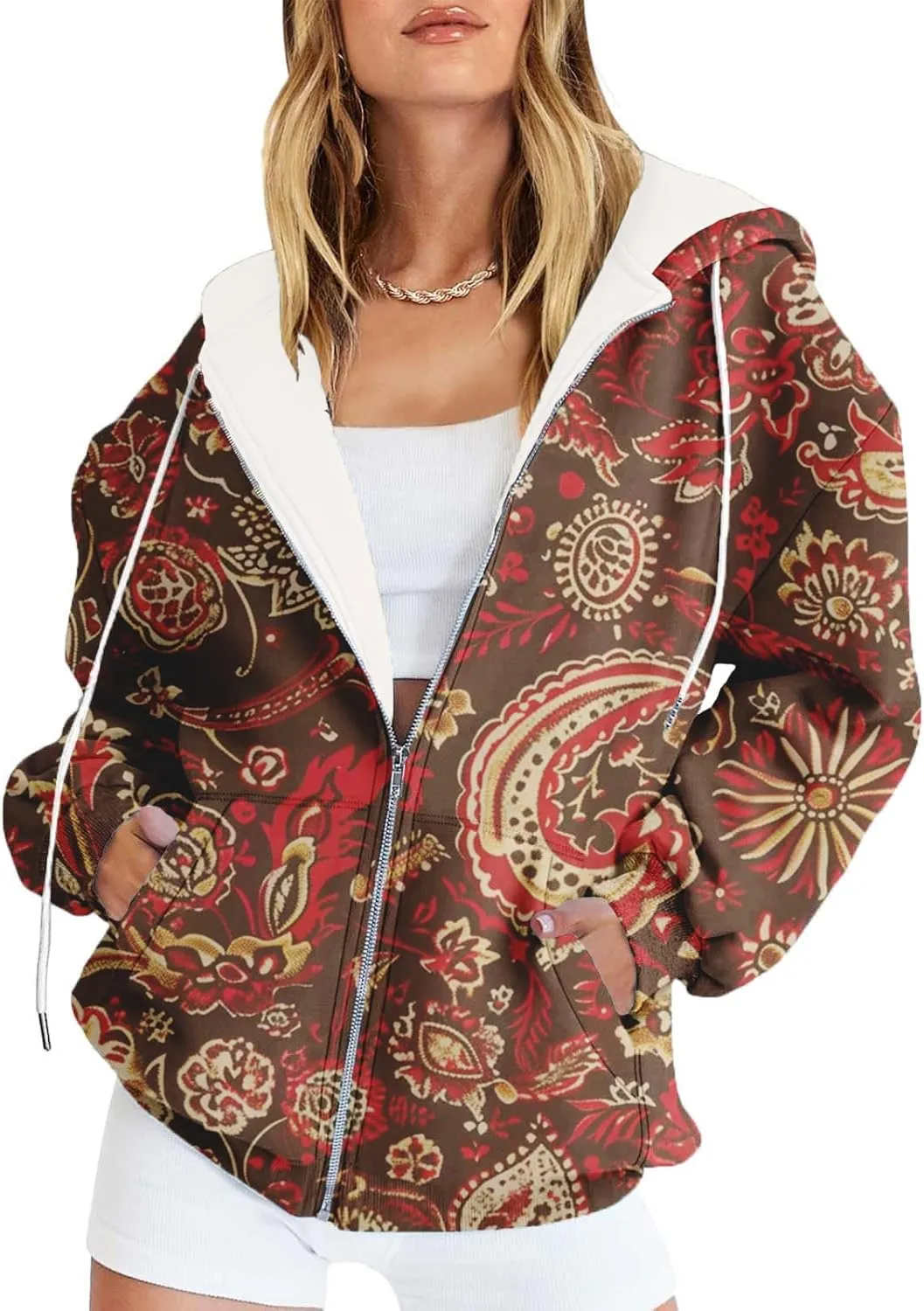 Oversized Zip Up Hoodie for Women 2024 Fall Trendy Graphic Sweatshirt Drawstring Jacket Coat with Pockets S-5XL