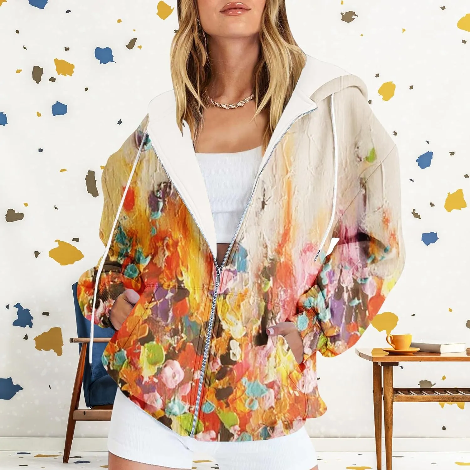 Oversized Zip Up Hoodie for Women 2024 Fall Trendy Graphic Sweatshirt Drawstring Jacket Coat with Pockets S-5XL