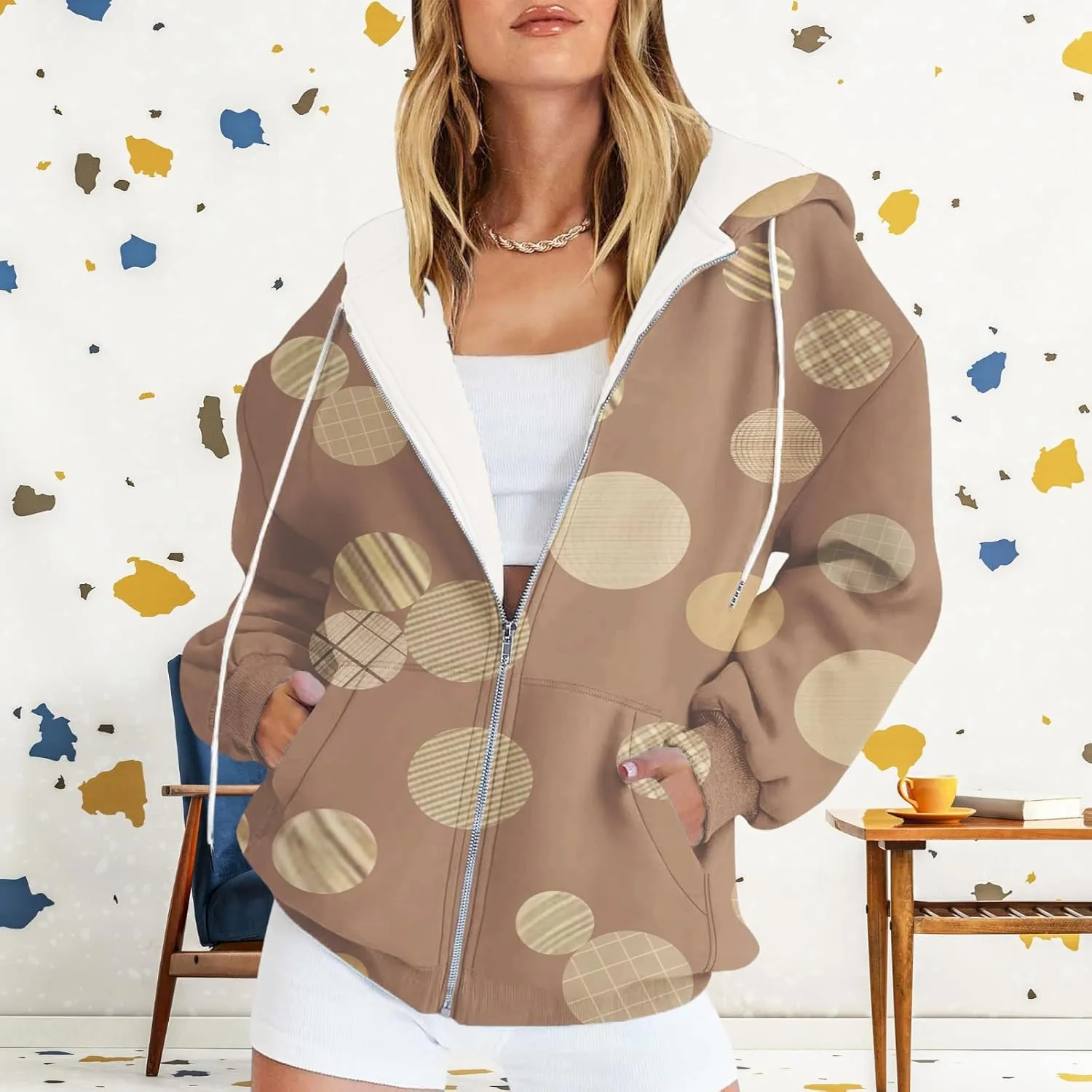 Oversized Zip Up Hoodie for Women 2024 Fall Trendy Graphic Sweatshirt Drawstring Jacket Coat with Pockets S-5XL